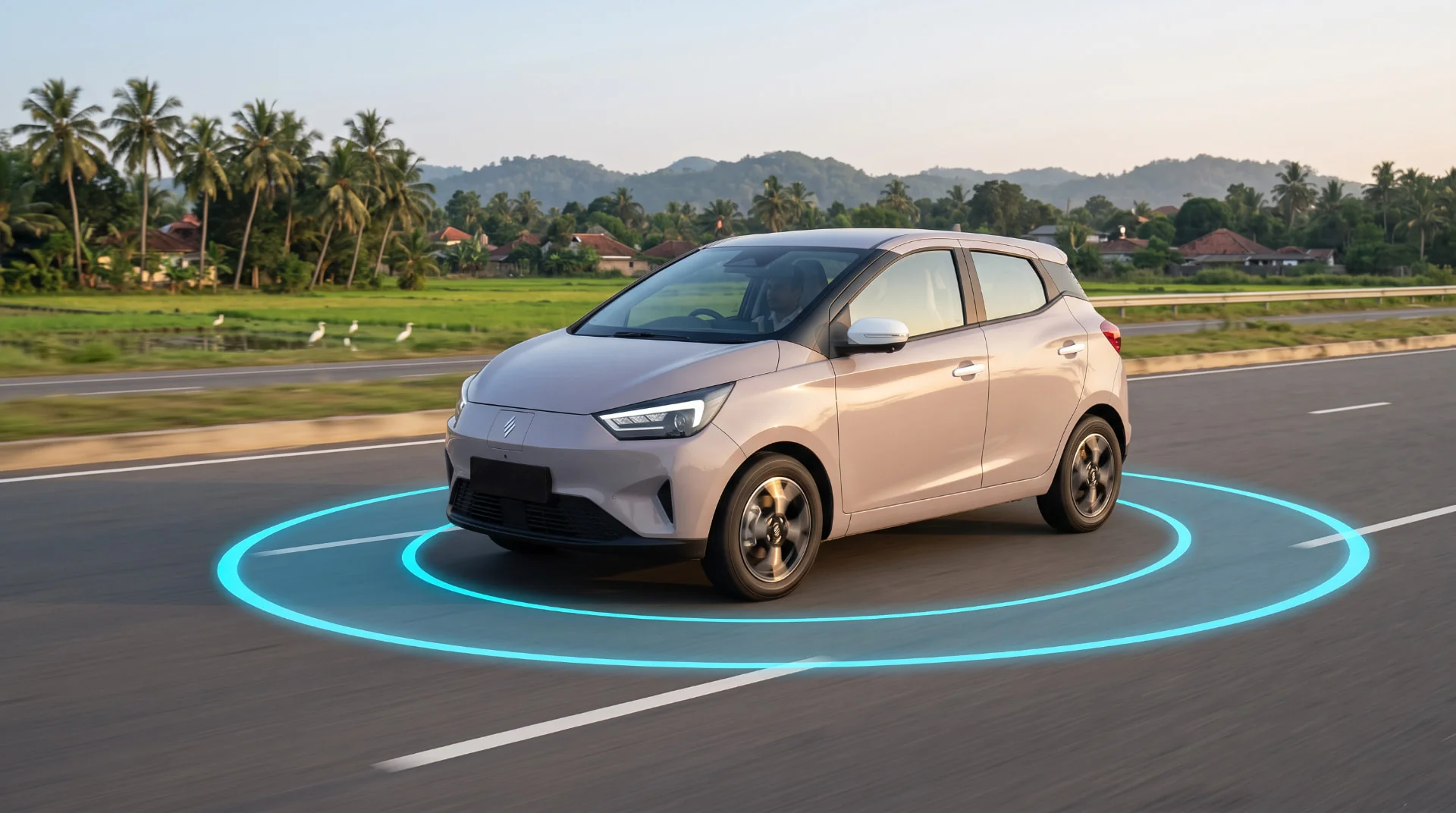 JMEV EV3 driving along a palm-lined road with illuminated monitoring rings around the car