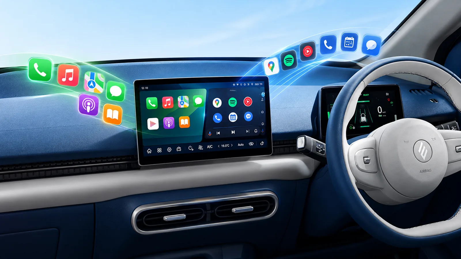 JMEV EV3 infotainment display with Apple CarPlay and Android Auto phone mirroring