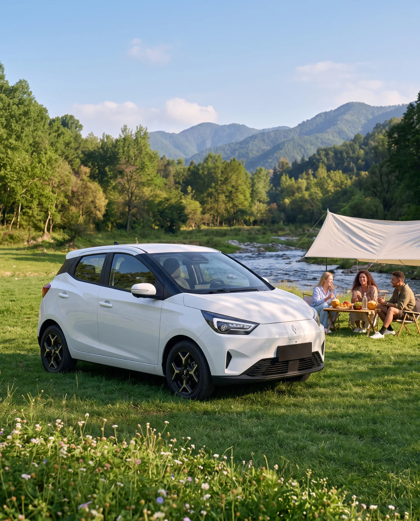White JMEV EV3 parked beside a riverside picnic in the mountains