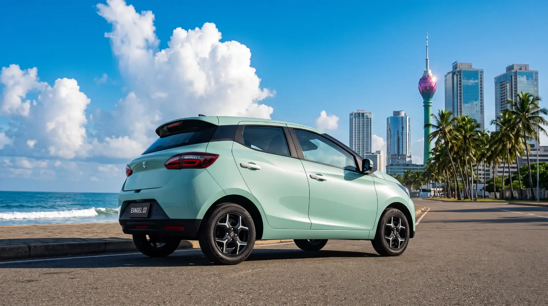 Mint-green JMEV EV3 rear three-quarter view on a coastal city road