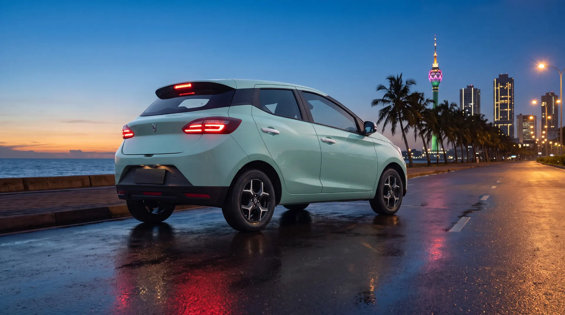 JMEV EV3 on a coastal city road at dusk
